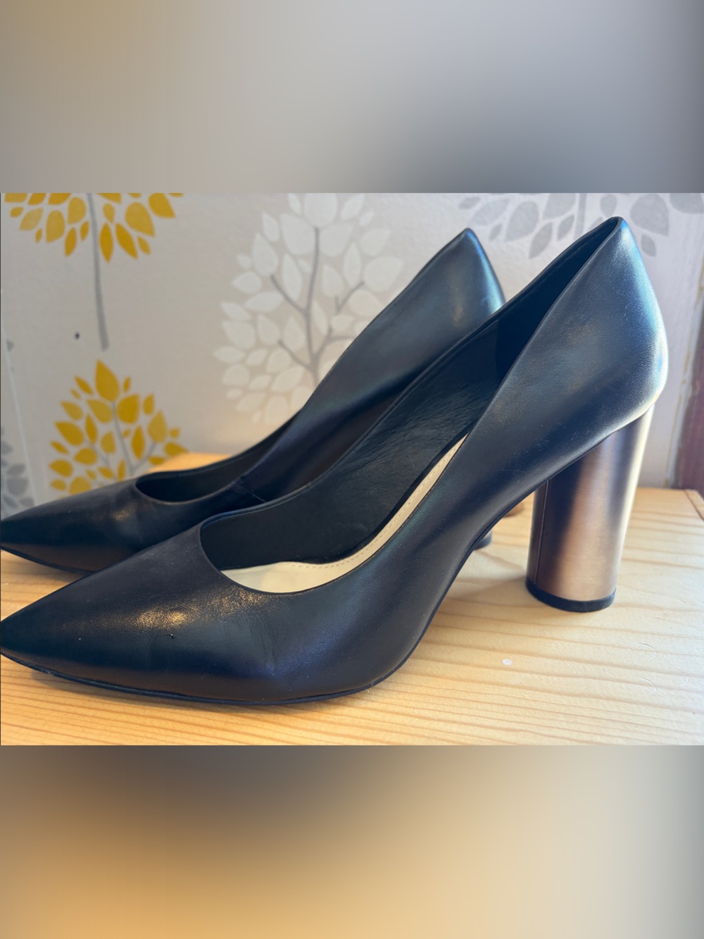 Wittner Black Leather Pointed Pumps with Metallic Bronze Block Heel